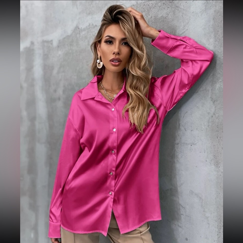 Hot pink button down satin shirt